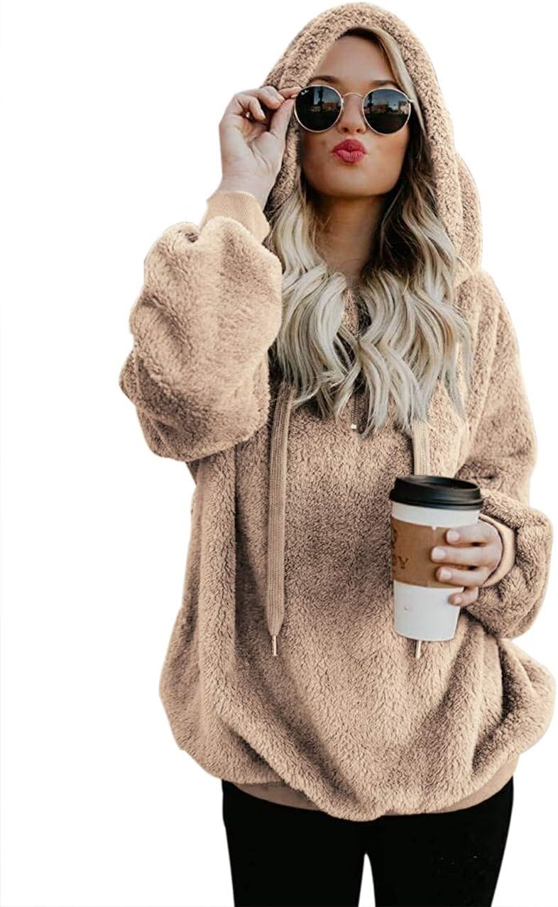 iWoo Teddy Fleece Sweatshirts Womens Casual Double Fuzzy Fluffy Hoodie Solid Color Warm Stylish 1/4 Zip Pullover with Pockets - Image 3