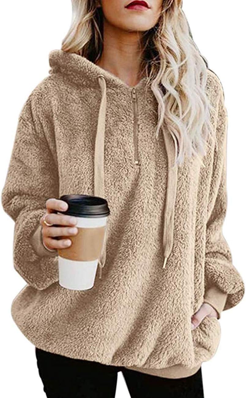 iWoo Teddy Fleece Sweatshirts Womens Casual Double Fuzzy Fluffy Hoodie Solid Color Warm Stylish 1/4 Zip Pullover with Pockets - Image 4