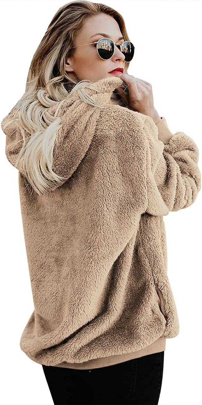 iWoo Teddy Fleece Sweatshirts Womens Casual Double Fuzzy Fluffy Hoodie Solid Color Warm Stylish 1/4 Zip Pullover with Pockets - Image 5