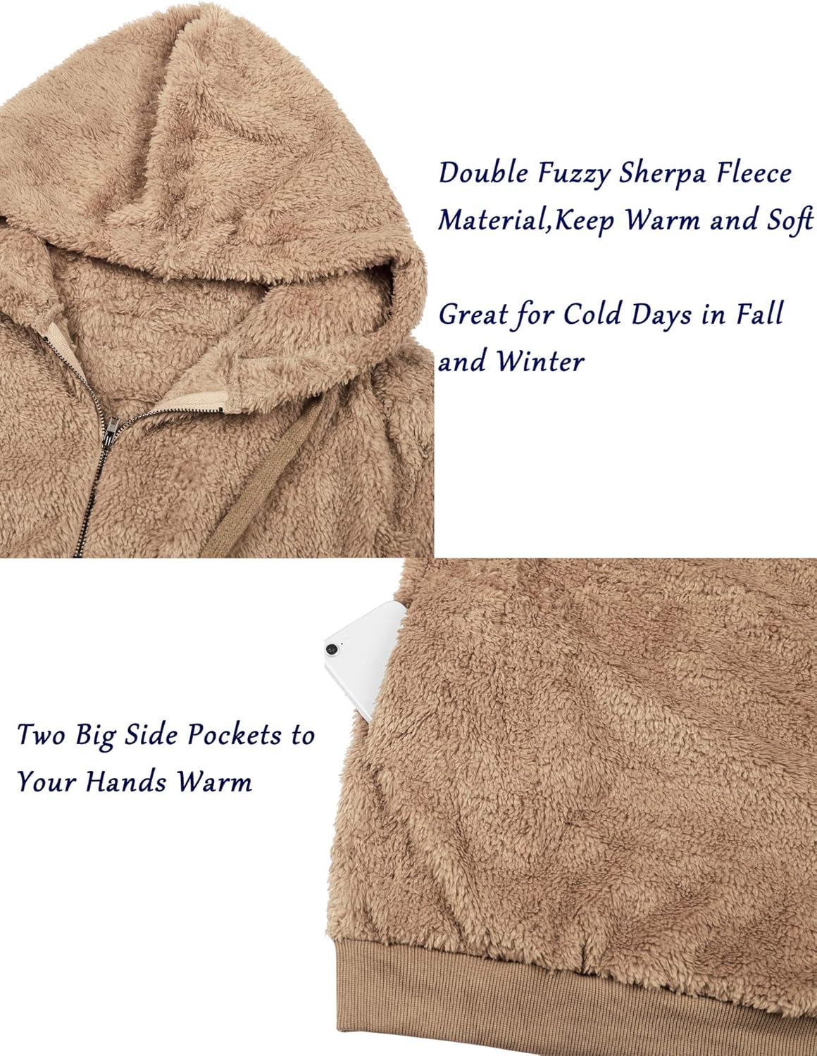 iWoo Teddy Fleece Sweatshirts Womens Casual Double Fuzzy Fluffy Hoodie Solid Color Warm Stylish 1/4 Zip Pullover with Pockets - Image 6