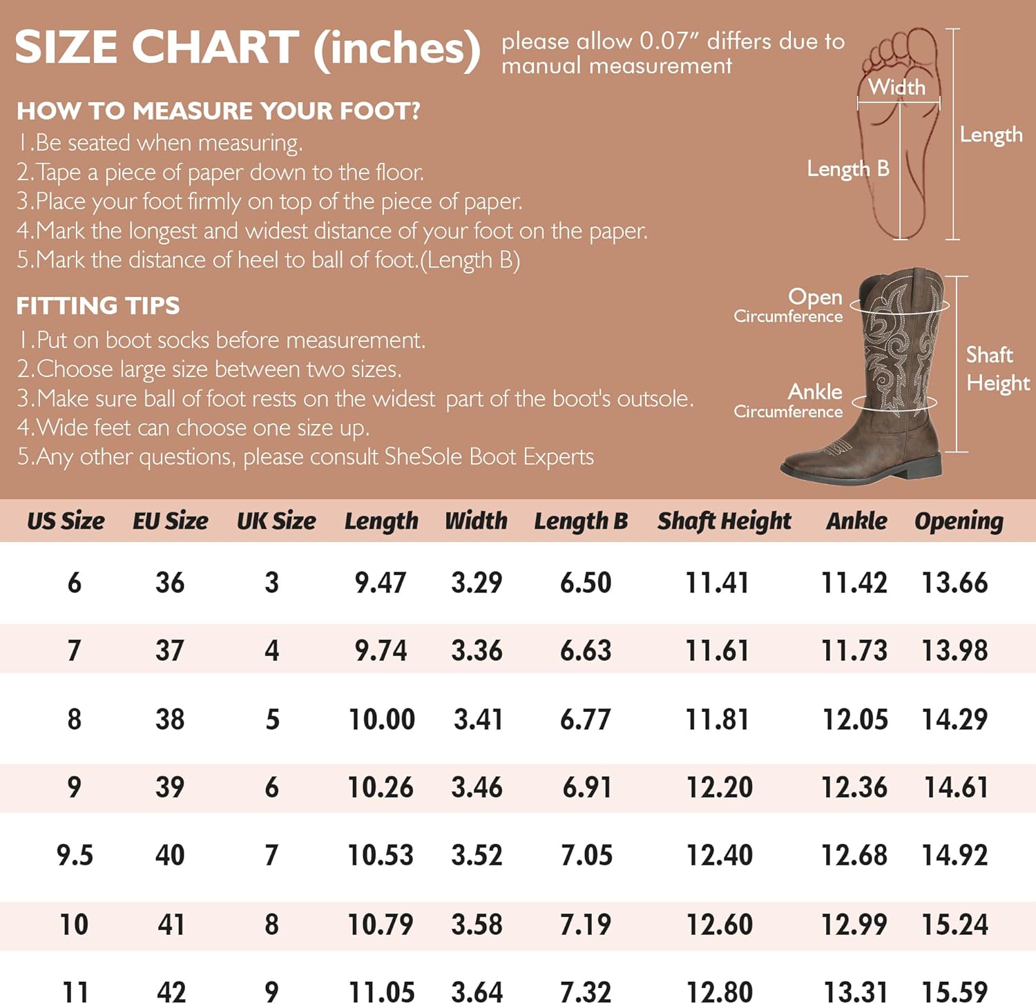 SheSole Women's Square Toe Western Cowgirl Cowboy Boots Mid Calf Embroidered - Image 10