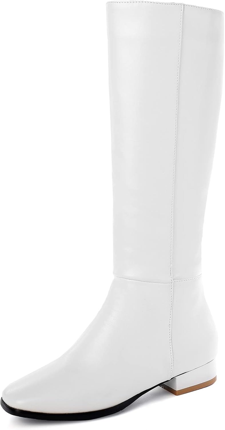 REKALFO Knee High Boots Women PU Leather Boot Wide Fit Shoes with Zipper Chunky Heel Soft Winter Booties - Image 2