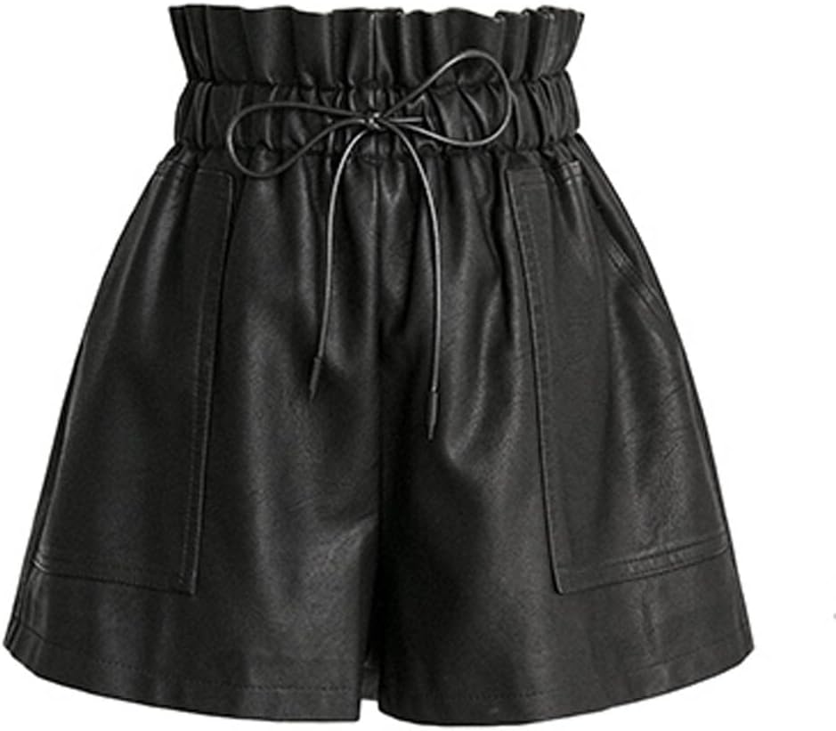 High Waisted Wide Leg Black Faux Leather Shorts for Women - Image 2