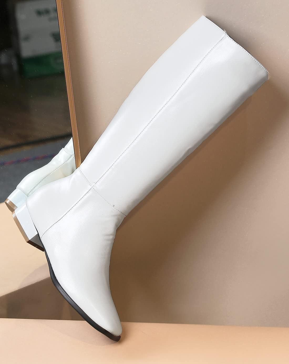 REKALFO Knee High Boots Women PU Leather Boot Wide Fit Shoes with Zipper Chunky Heel Soft Winter Booties - Image 3