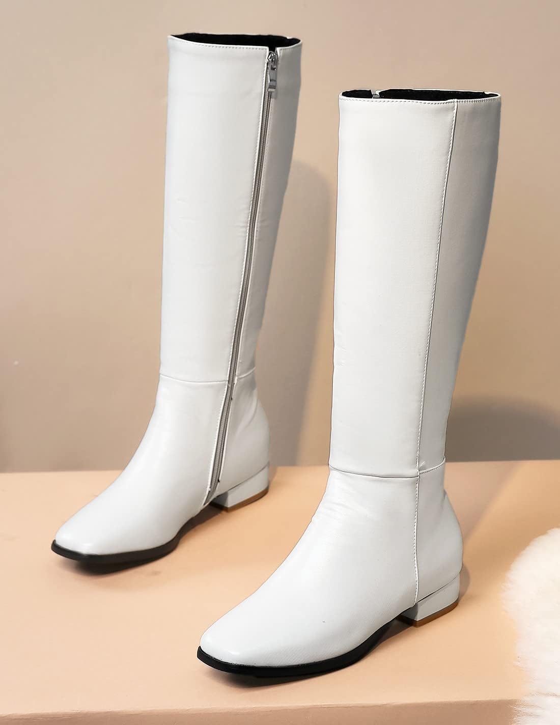 REKALFO Knee High Boots Women PU Leather Boot Wide Fit Shoes with Zipper Chunky Heel Soft Winter Booties - Image 4