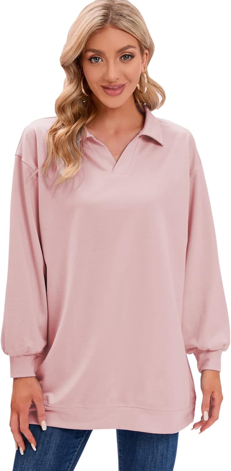 iChunhua Oversized Womens V Neck Long Sleeve Tops Long Polo Shirts Lightweight Sweatshirt Dress - Image 3