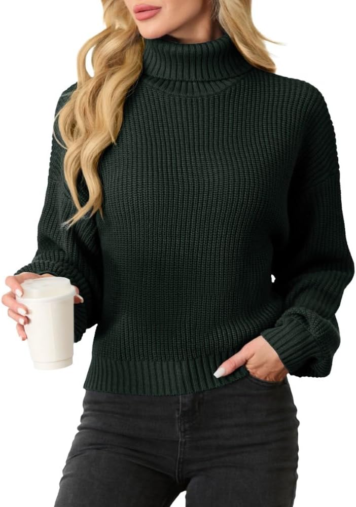 PrinStory Women's Turtleneck Jumpers Lantern Sleeve Cropped Sweater Ribbed Knit Pullover Tops Knitwear - Image 5