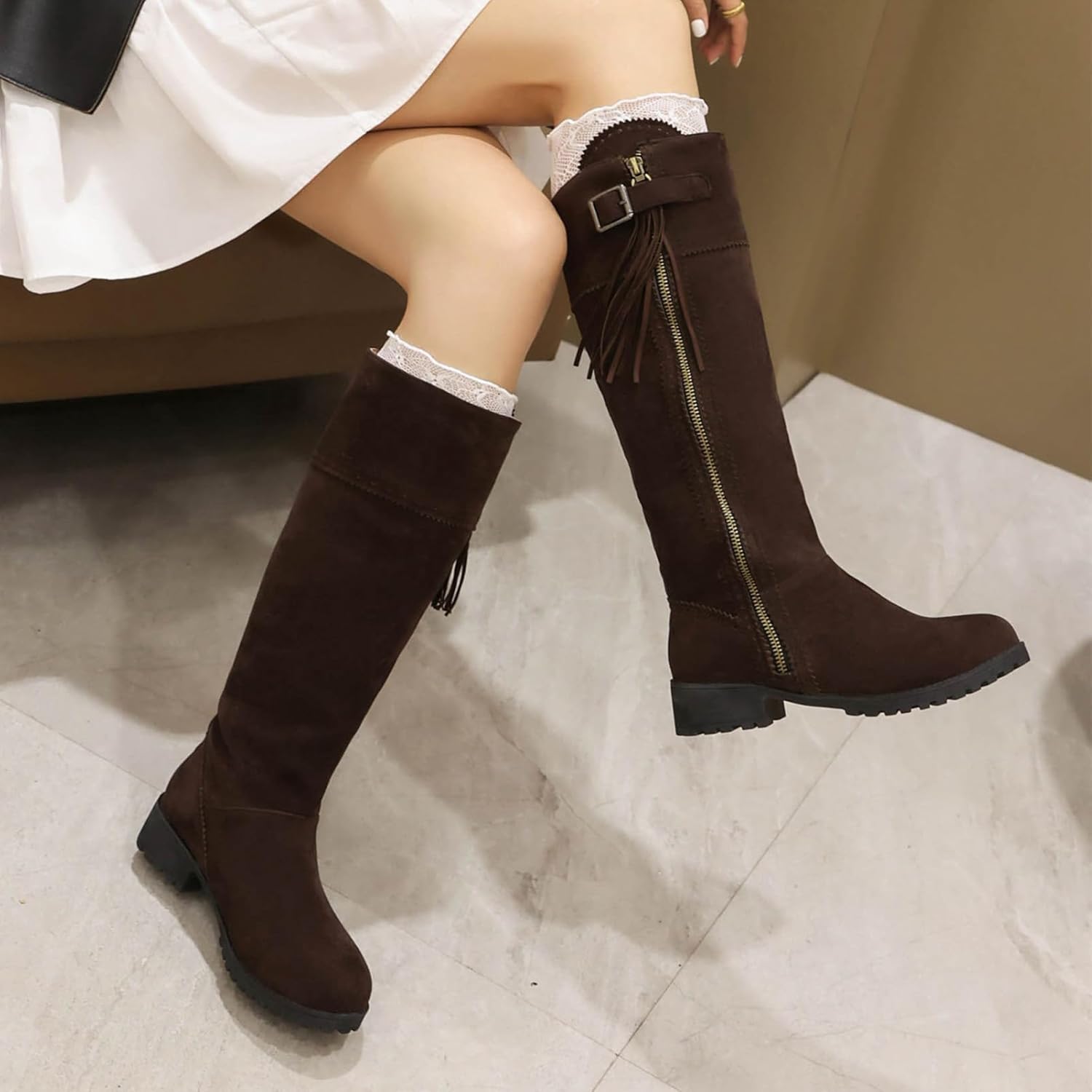 rismart Women Knee High Boots Round Toe Chunky Heel Side Zip Long Boots Fall Winter Shoes - Image 6