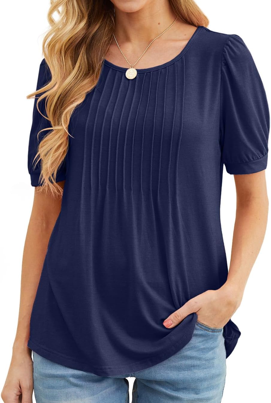 GRECERELLE Womens Summer Tops Casual Dressy Soft Short Sleeve Tunic Front Pleated Spring Crew Neck Tees T-Shirts Loose Blouse for Ladies - Image 7
