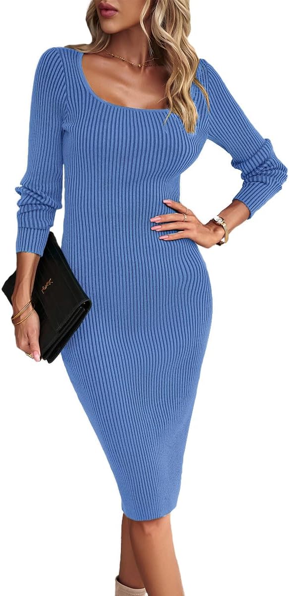 Women's Long Sleeve Bodycon Sweater Dress Square Neck Ribbed Knitted Midi Dress with Slit - Image 2