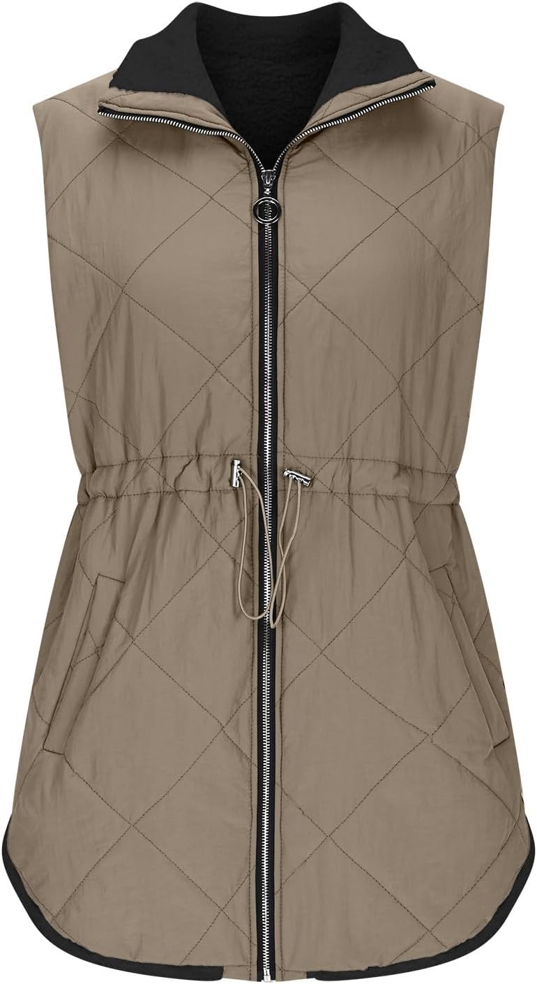 duxyoz Puffer Gilet Womens Fleece Lined Warm Quilted Gilet Winter Jacket Vest Plush Padded Gilet Casual Loose Zip Up Sleeveless Waistcoat Ladies Bodywarmer Solid Color Stand Collar - Image 8