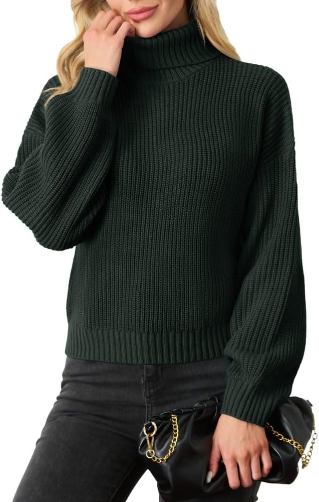 PrinStory Women's Turtleneck Jumpers Lantern Sleeve Cropped Sweater Ribbed Knit Pullover Tops Knitwear - Image 3