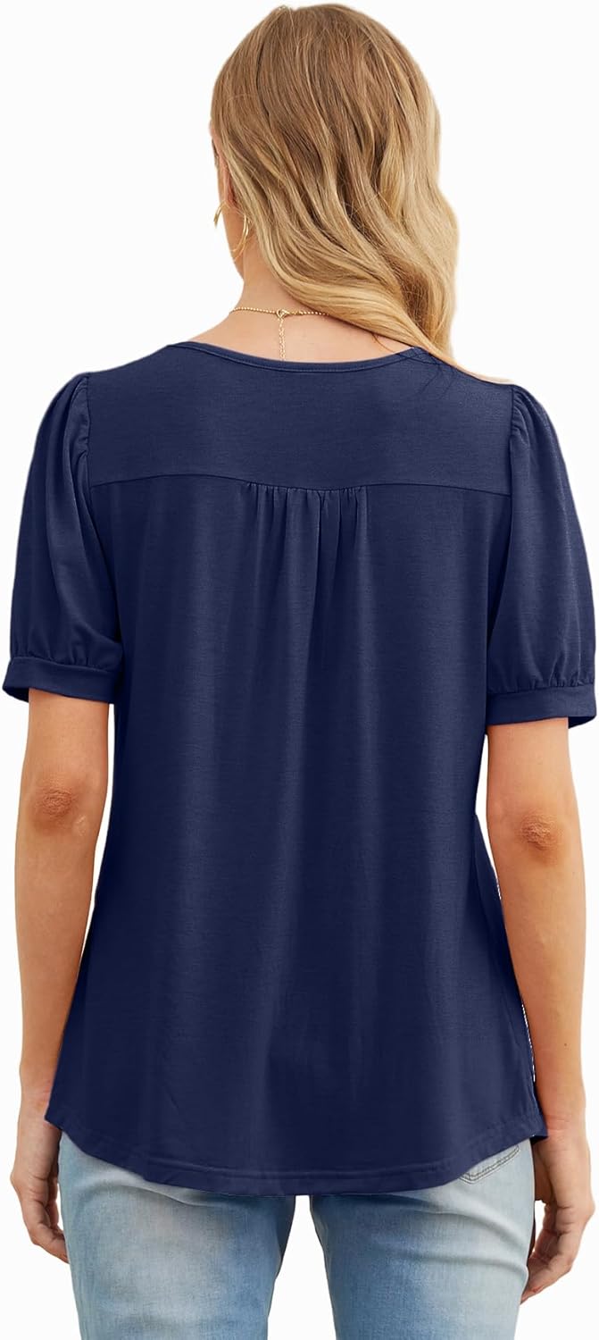 GRECERELLE Womens Summer Tops Casual Dressy Soft Short Sleeve Tunic Front Pleated Spring Crew Neck Tees T-Shirts Loose Blouse for Ladies - Image 6