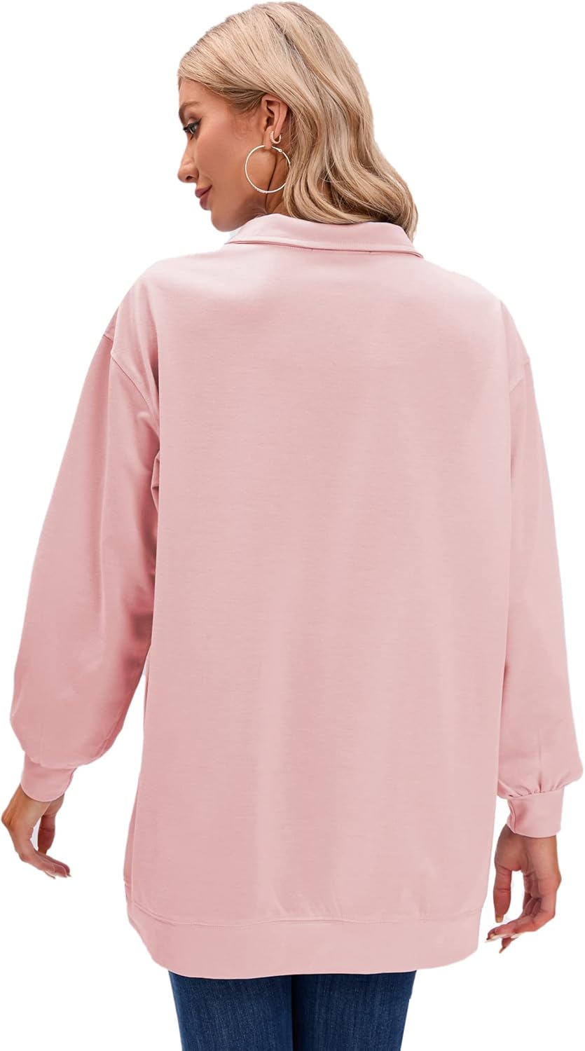 iChunhua Oversized Womens V Neck Long Sleeve Tops Long Polo Shirts Lightweight Sweatshirt Dress - Image 5