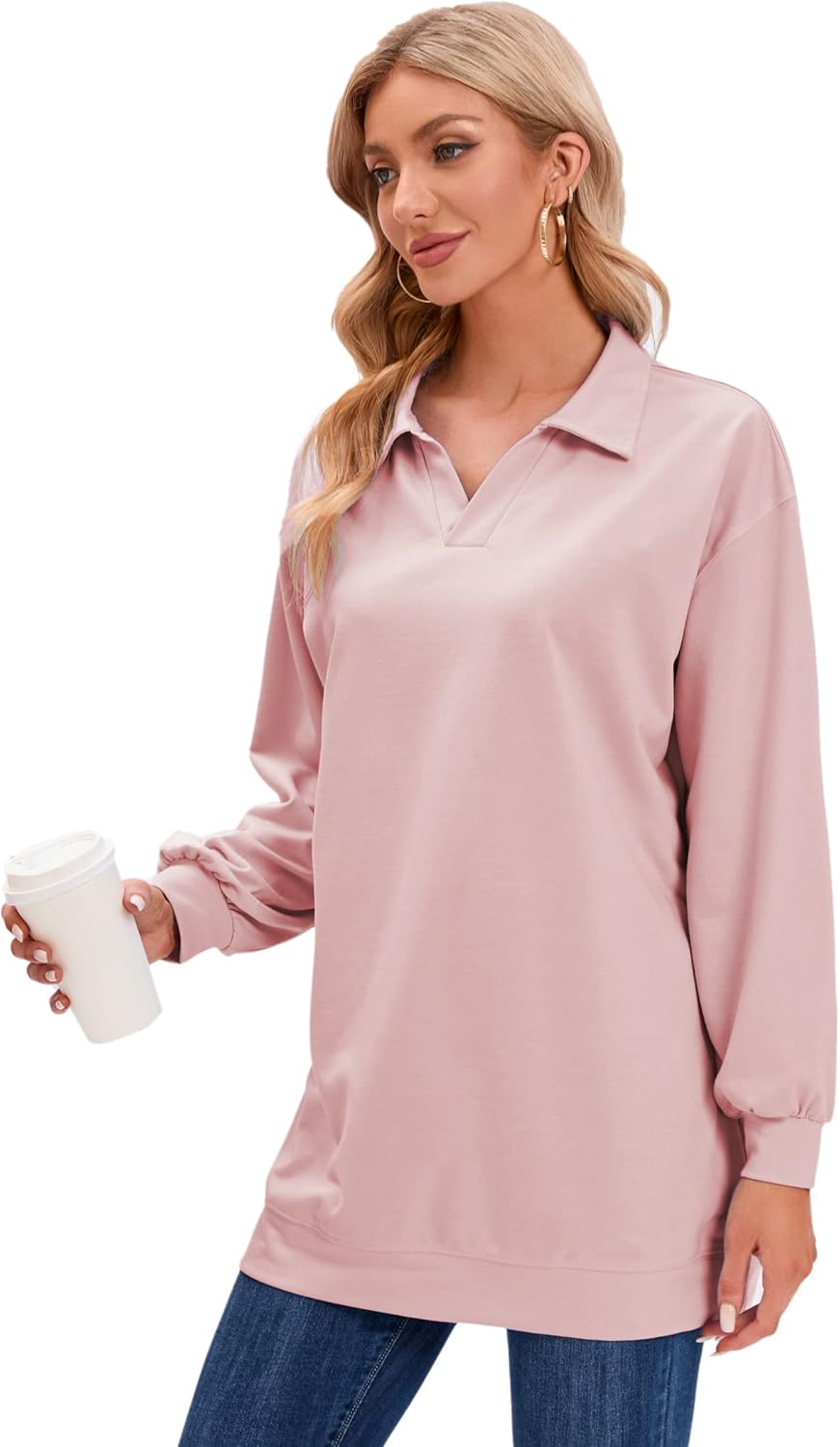 iChunhua Oversized Womens V Neck Long Sleeve Tops Long Polo Shirts Lightweight Sweatshirt Dress - Image 4