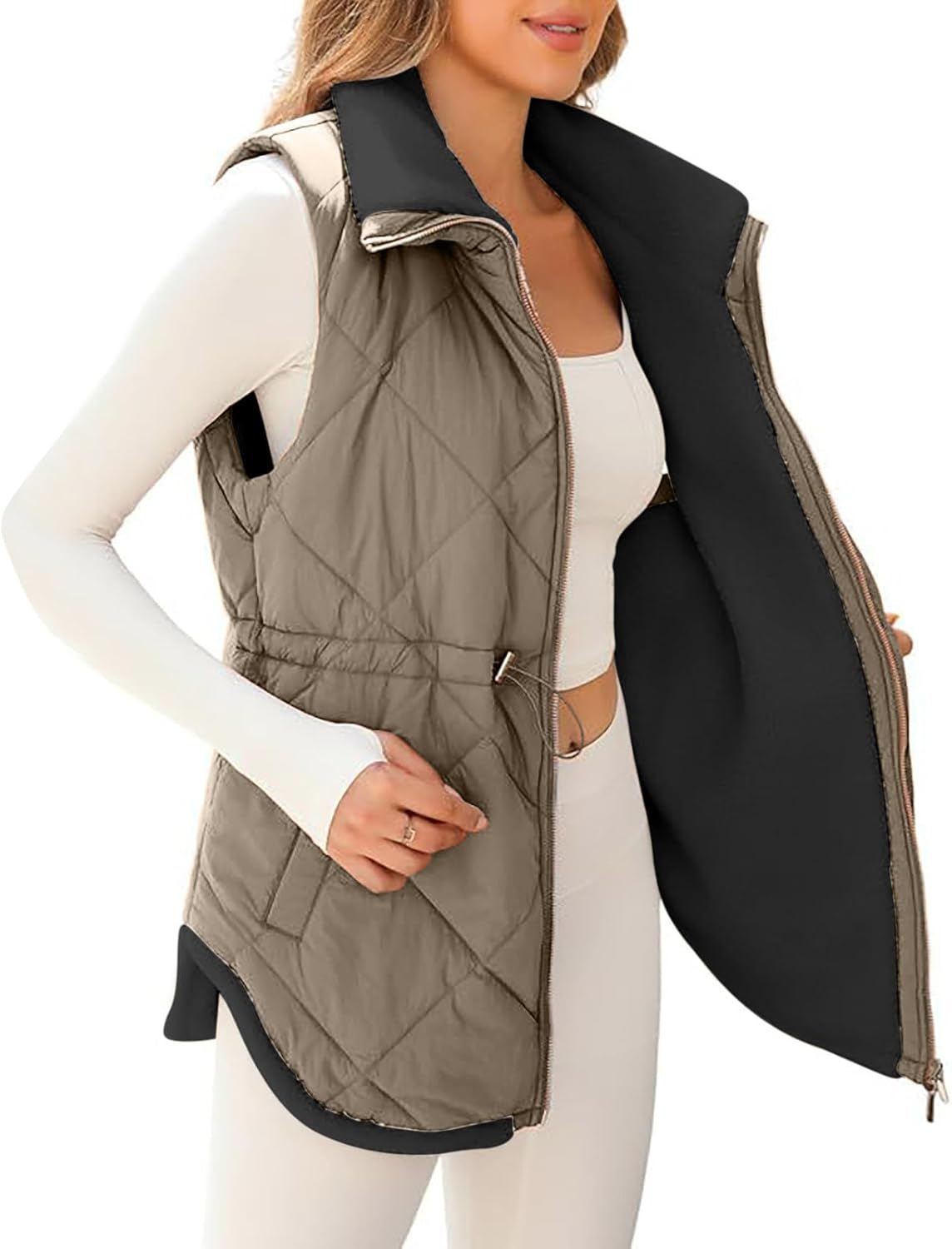 duxyoz Puffer Gilet Womens Fleece Lined Warm Quilted Gilet Winter Jacket Vest Plush Padded Gilet Casual Loose Zip Up Sleeveless Waistcoat Ladies Bodywarmer Solid Color Stand Collar - Image 2