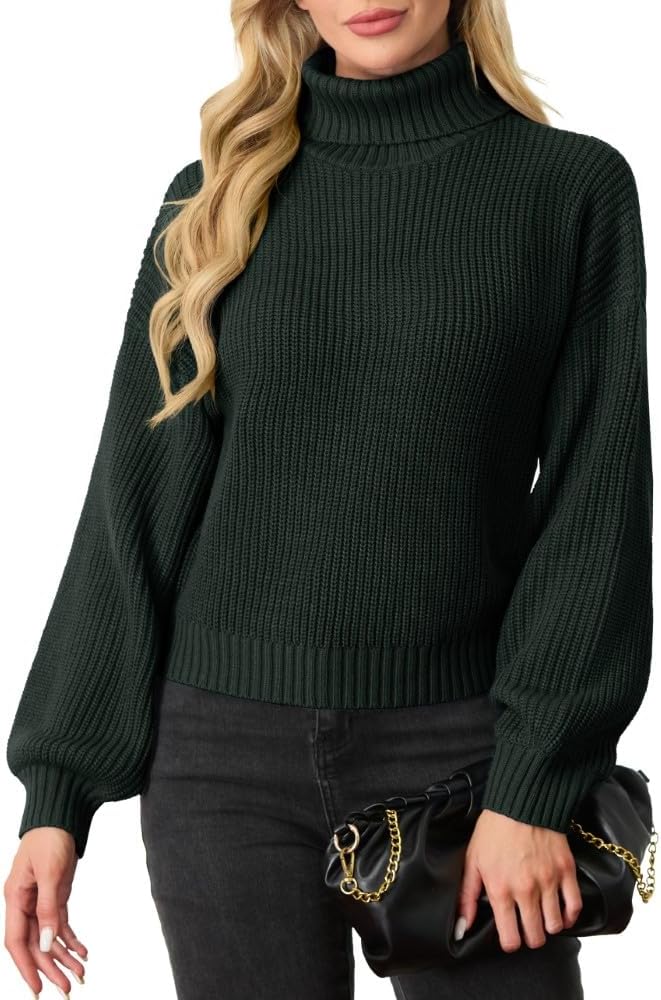 PrinStory Women's Turtleneck Jumpers Lantern Sleeve Cropped Sweater Ribbed Knit Pullover Tops Knitwear - Image 4