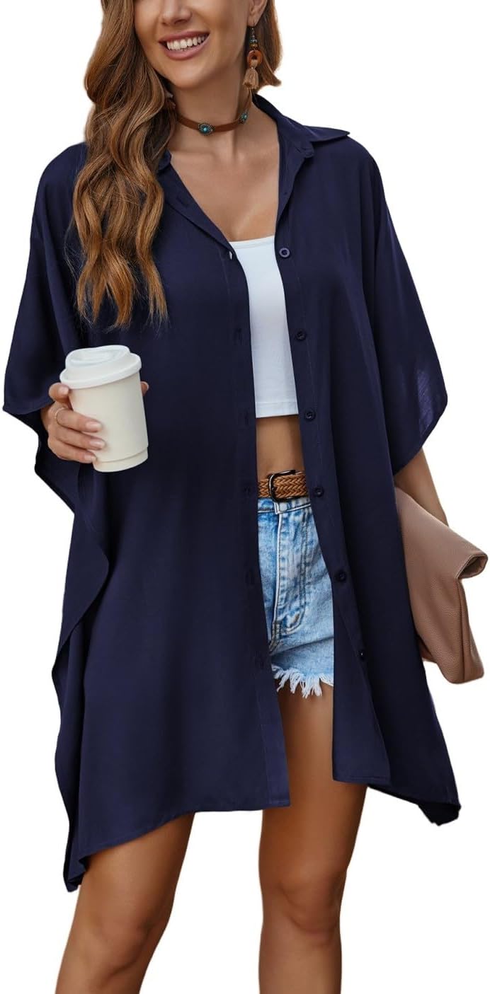 AI'MAGE Women Swimsuit Cover Up 3/4 Sleeve Beachwear Bikini Coverups Button Down Oversized Cover Up Shirt S-XXL - Image 2