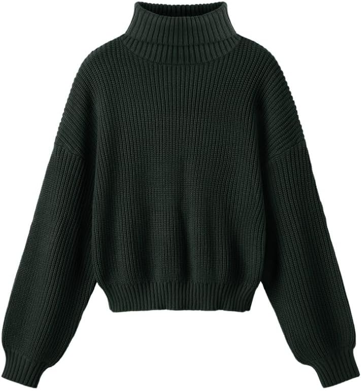 PrinStory Women's Turtleneck Jumpers Lantern Sleeve Cropped Sweater Ribbed Knit Pullover Tops Knitwear - Image 2