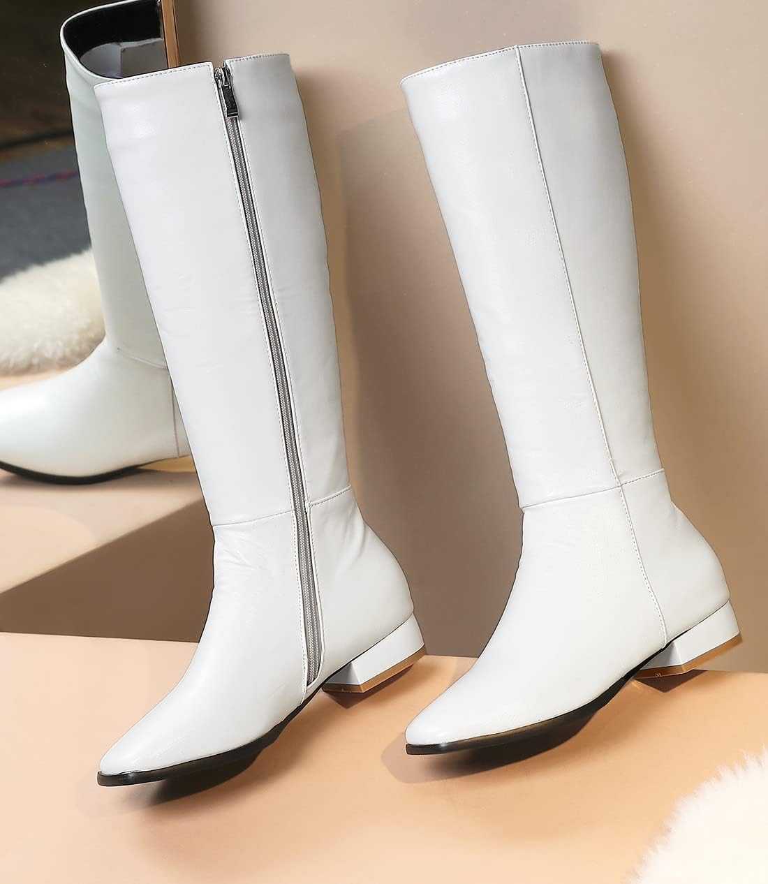 REKALFO Knee High Boots Women PU Leather Boot Wide Fit Shoes with Zipper Chunky Heel Soft Winter Booties - Image 5