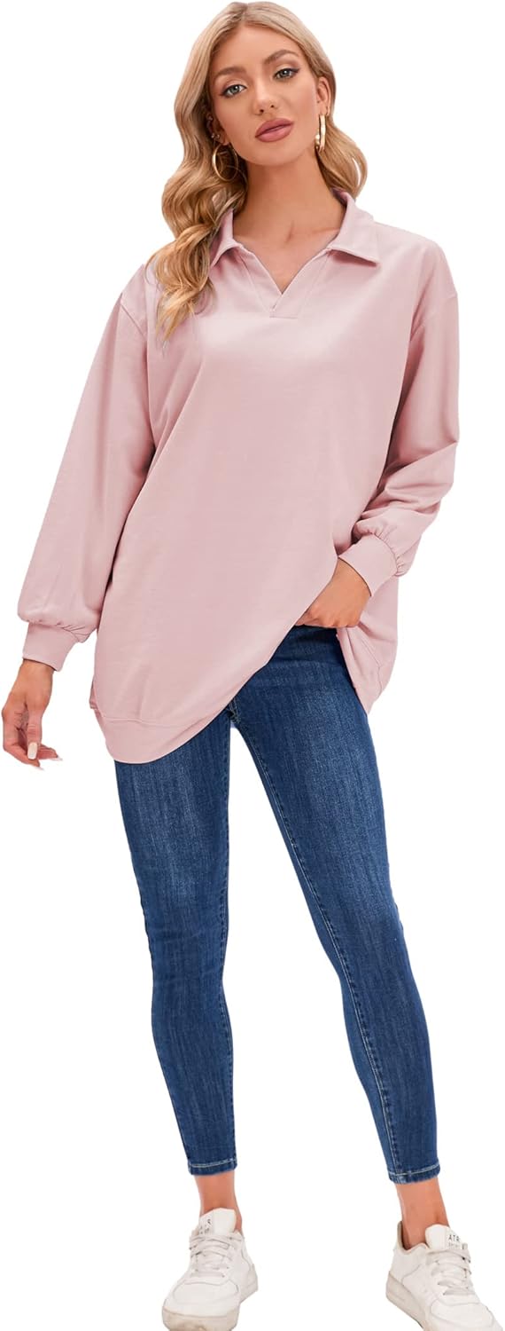 iChunhua Oversized Womens V Neck Long Sleeve Tops Long Polo Shirts Lightweight Sweatshirt Dress - Image 6