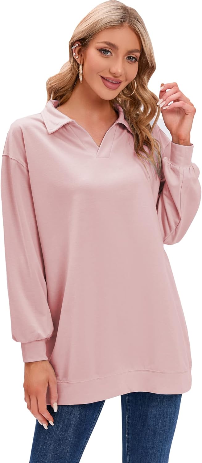 iChunhua Oversized Womens V Neck Long Sleeve Tops Long Polo Shirts Lightweight Sweatshirt Dress - Image 2