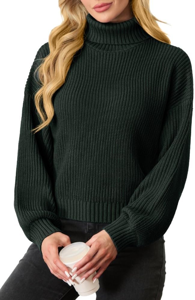 PrinStory Women's Turtleneck Jumpers Lantern Sleeve Cropped Sweater Ribbed Knit Pullover Tops Knitwear - Image 6