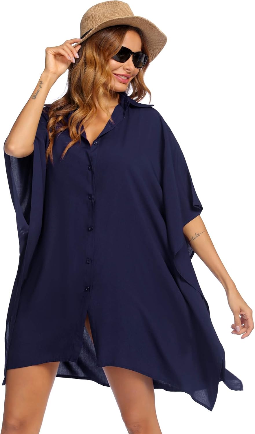 AI'MAGE Women Swimsuit Cover Up 3/4 Sleeve Beachwear Bikini Coverups Button Down Oversized Cover Up Shirt S-XXL - Image 4
