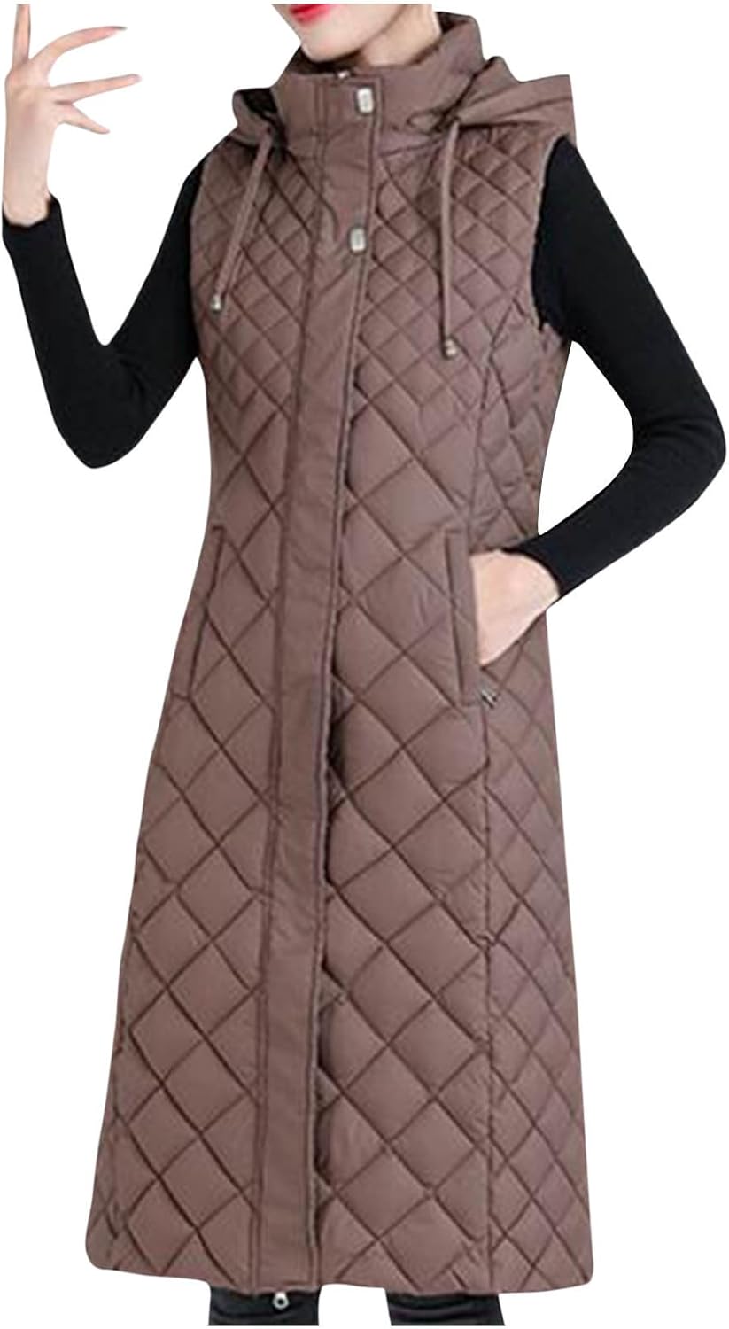 Women'S Long Quilted Gilet Zip Up Longline Sleeveless Thick Hooded Puffer Jacket Vest Stand Collar Lightweight Padded Waistcoat Outdoor Gilet Ladies Long Coat Parkas Outwear - Image 2