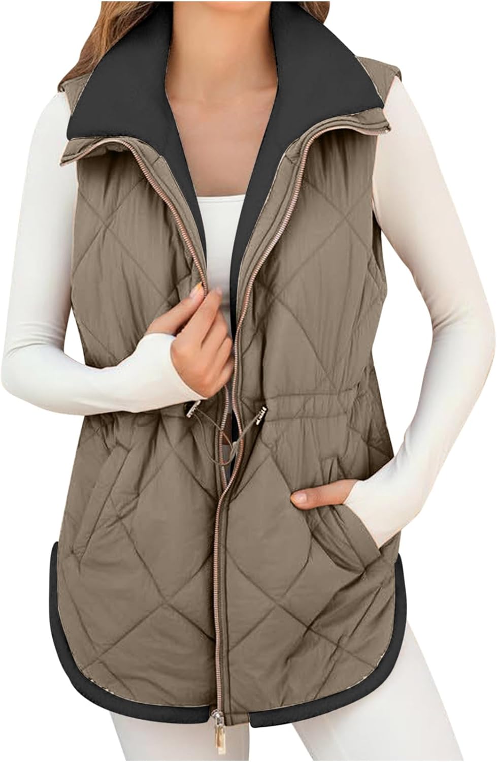 duxyoz Puffer Gilet Womens Fleece Lined Warm Quilted Gilet Winter Jacket Vest Plush Padded Gilet Casual Loose Zip Up Sleeveless Waistcoat Ladies Bodywarmer Solid Color Stand Collar - Image 6