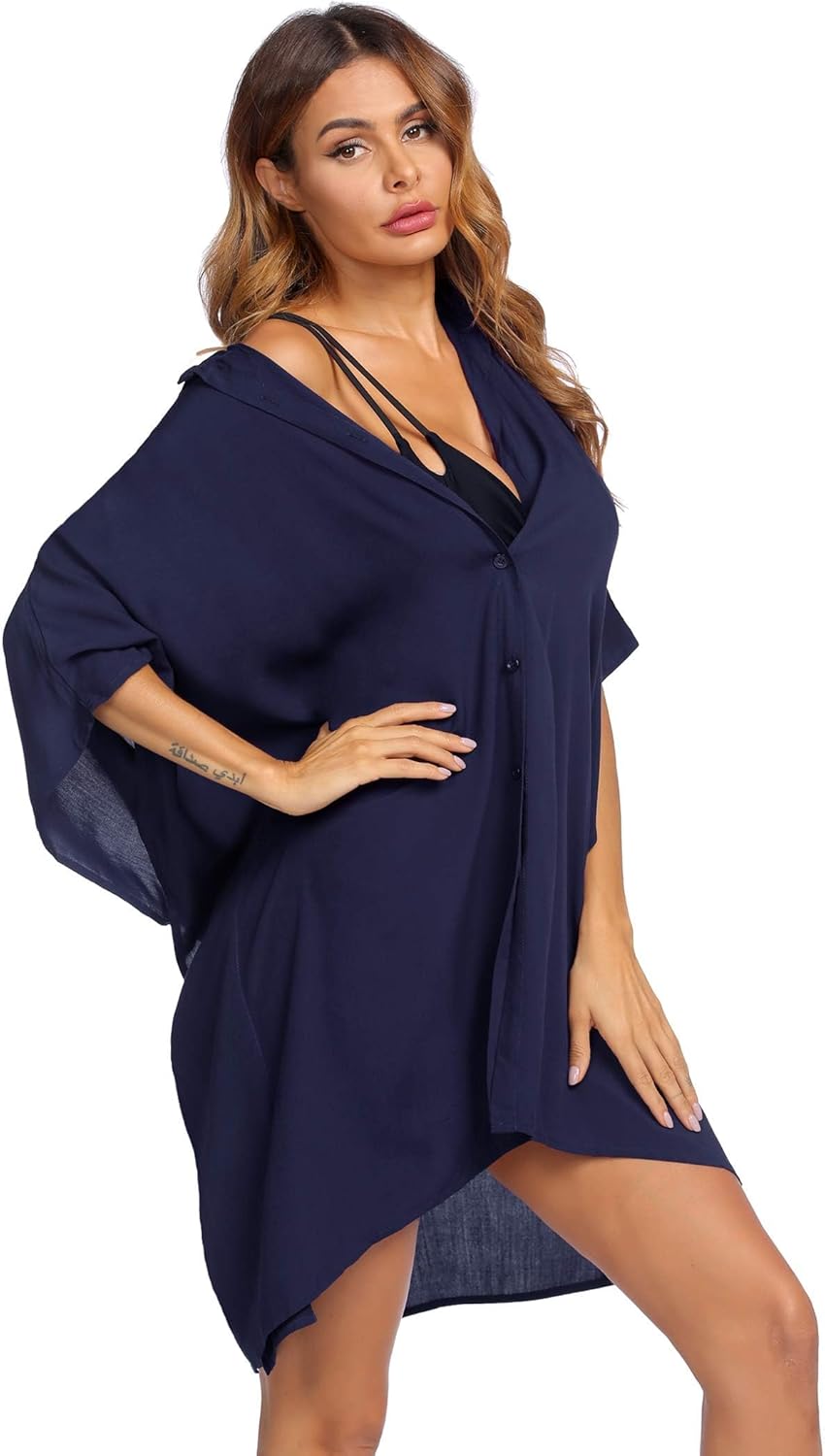 AI'MAGE Women Swimsuit Cover Up 3/4 Sleeve Beachwear Bikini Coverups Button Down Oversized Cover Up Shirt S-XXL - Image 3