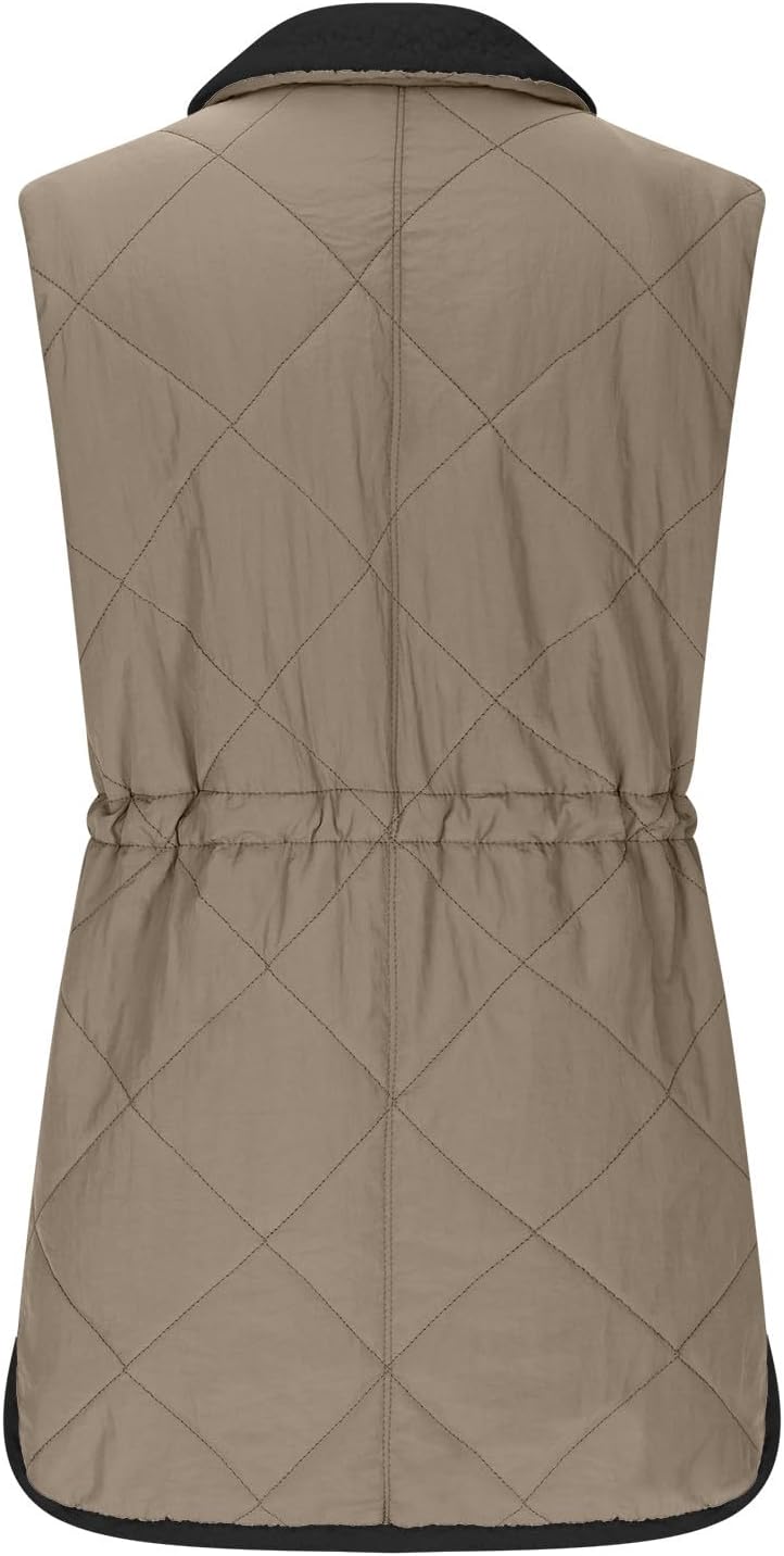 duxyoz Puffer Gilet Womens Fleece Lined Warm Quilted Gilet Winter Jacket Vest Plush Padded Gilet Casual Loose Zip Up Sleeveless Waistcoat Ladies Bodywarmer Solid Color Stand Collar - Image 9