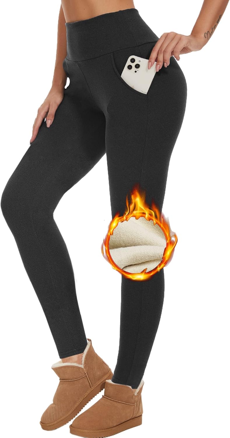 Women Thermal Leggings with Pockets Fleece Lined Warm High Waisted Leggings Thick Winter Tummy Control Yoga Running Gym Pants - Image 2