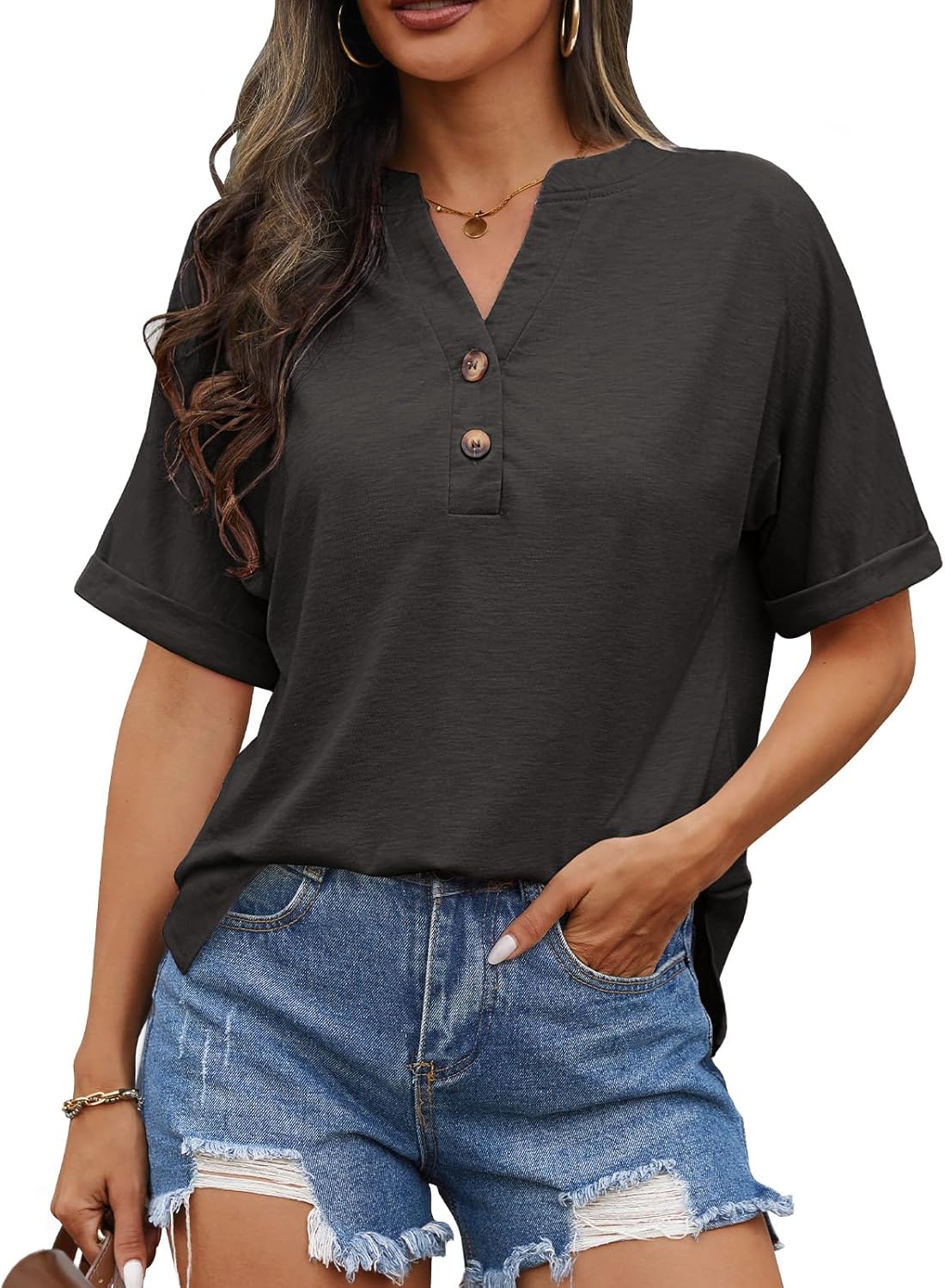 Women T-Shirts Short Sleeve V Neck Button Tops Ladies Summer Blouse Shirts Casual Loose Tee - Image 2