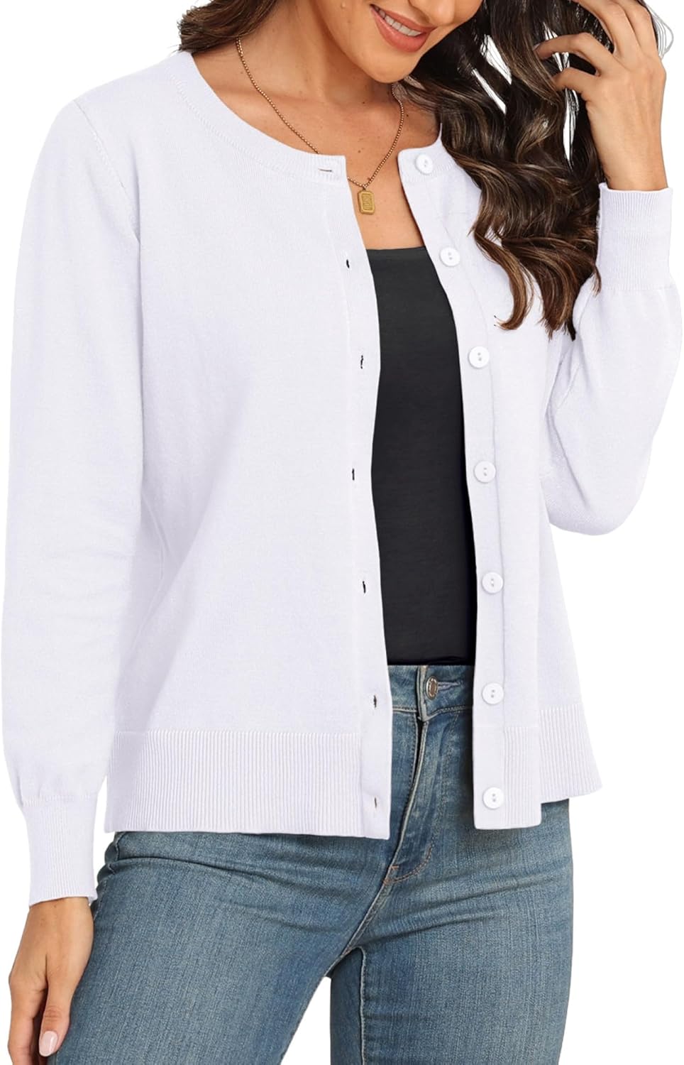 PrinStory Cardigans for Women Crewneck Knit Casual Cardigan Jumper Button Down Classic Knitwear Tops - Image 6