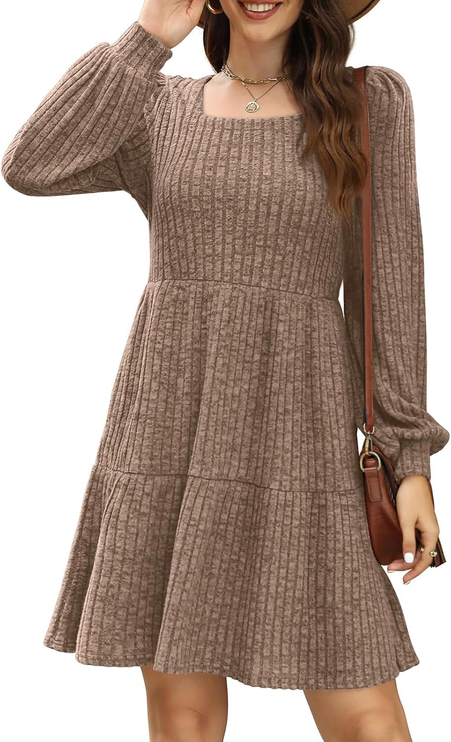 Akiooue Womens Long Sleeve Jumper Dress Casual Square Neck Knee Length Knit Sweater Dresses with Pockets - Image 3