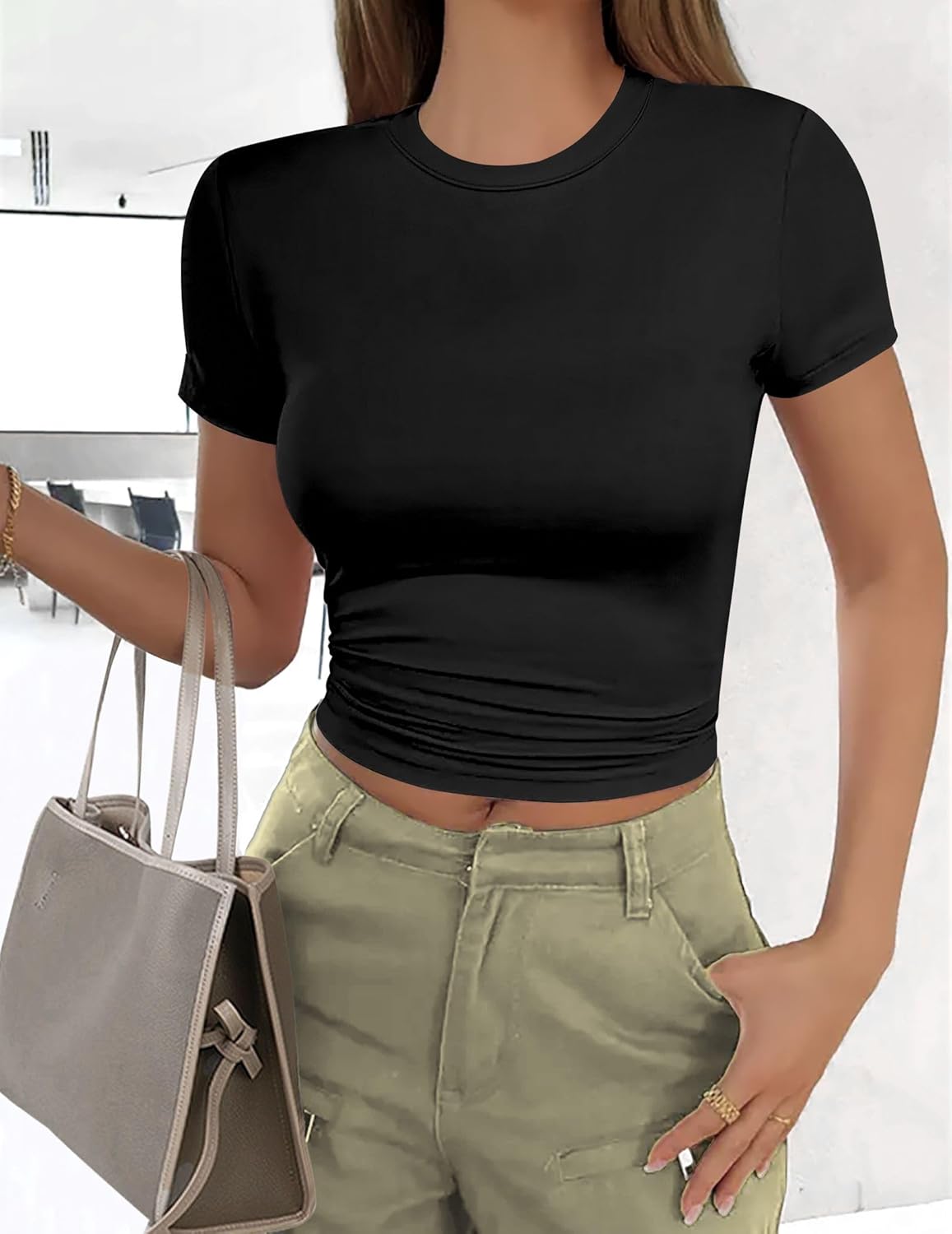 Zeagoo Women's Tops Short Sleeve Basic Top Summer Tight Y2K Top Casual Solid Crop Tops Crew Neck Slim Fit Tee Shirts XS-XXL - Image 3