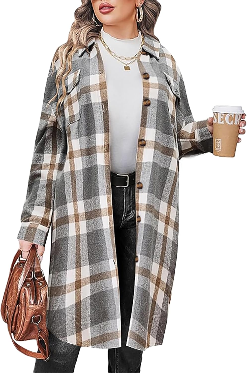 Jhsnjnr Women's Long Sleeve Flannel Checked Shirts Casual Button Down Long Plaid Jacket Shacket - Image 2