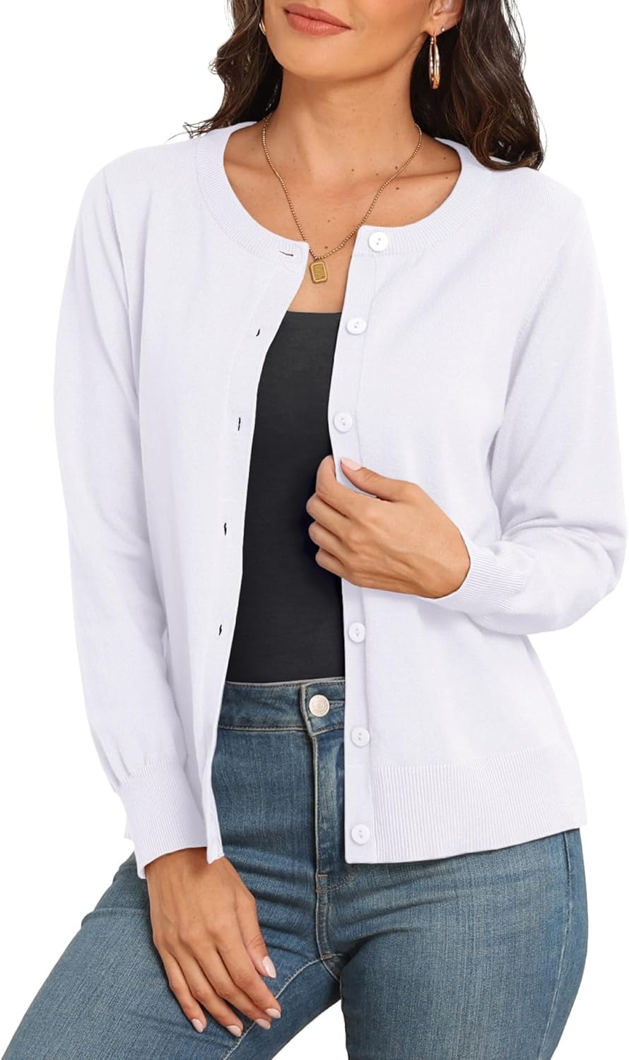 PrinStory Cardigans for Women Crewneck Knit Casual Cardigan Jumper Button Down Classic Knitwear Tops - Image 2