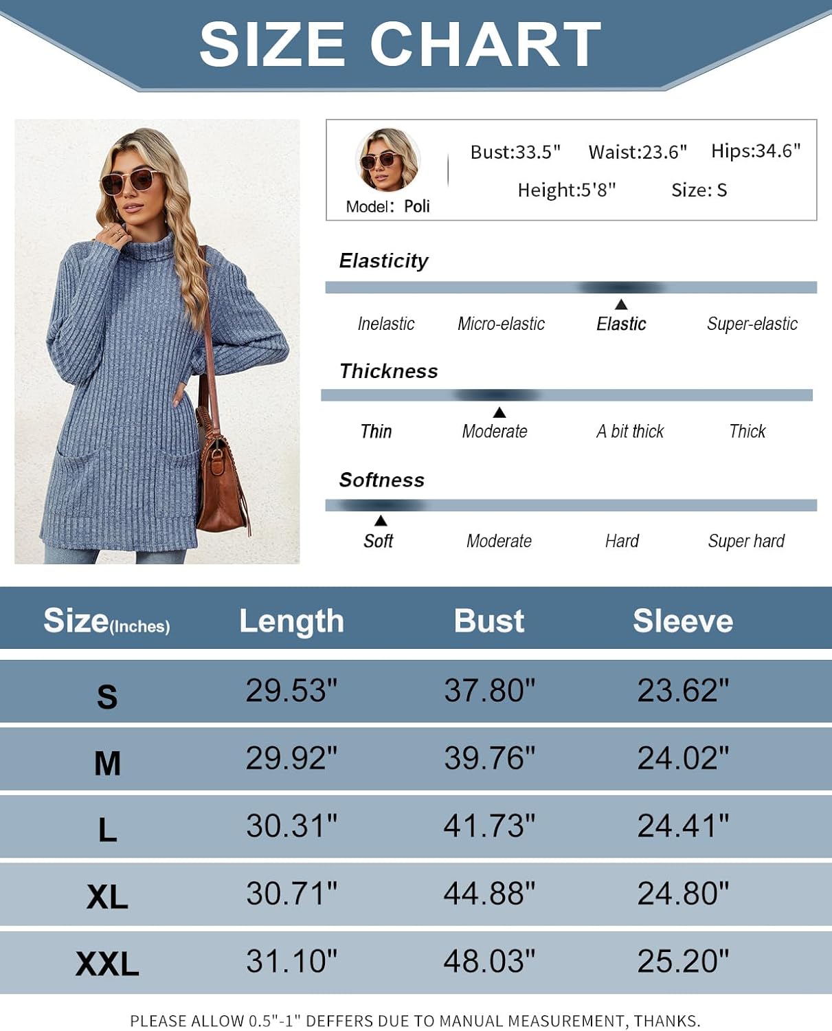 Flikity Womens Jumpers Turtleneck Sweater Ladies Long Sleeve Tops Knitted Jumpers with Large Pockets Women's Longline Tops Spring Fall Winter Tunic Clothes S-2XL - Image 7