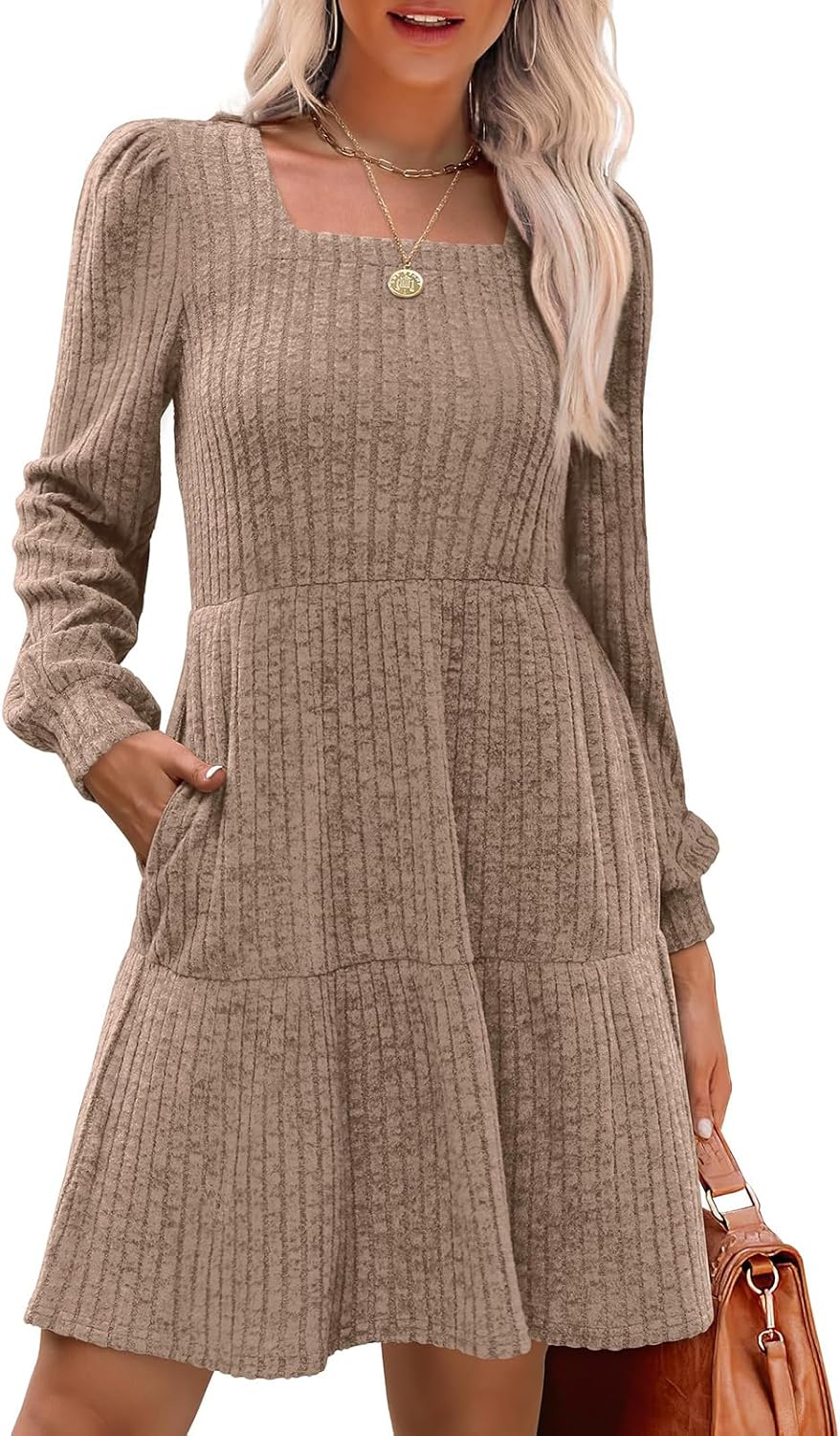 Akiooue Womens Long Sleeve Jumper Dress Casual Square Neck Knee Length Knit Sweater Dresses with Pockets - Image 2