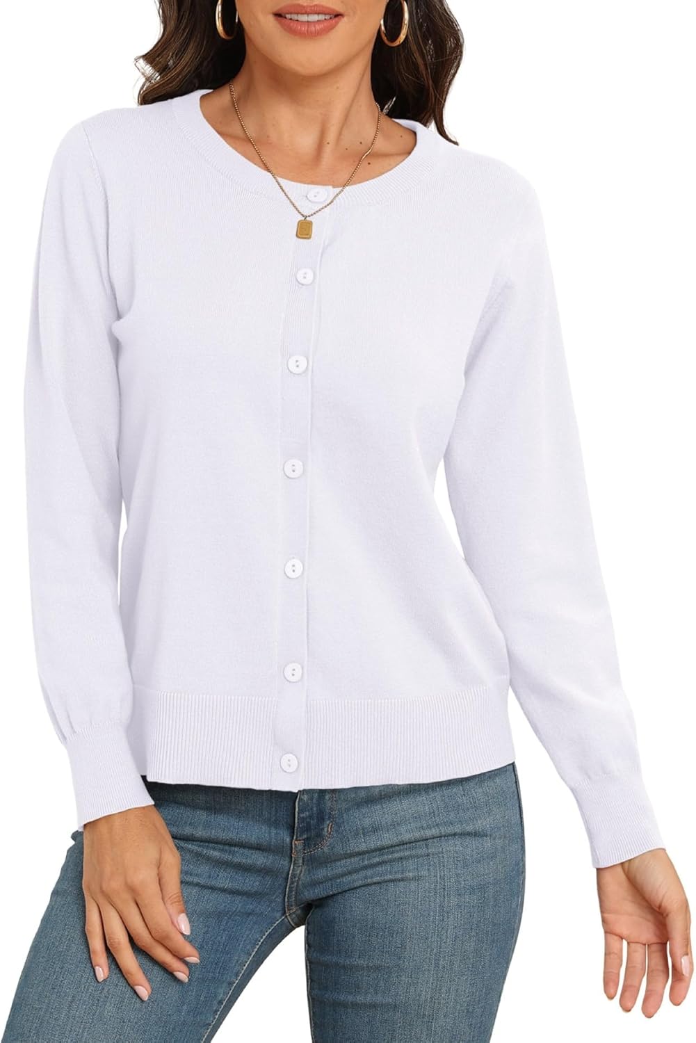 PrinStory Cardigans for Women Crewneck Knit Casual Cardigan Jumper Button Down Classic Knitwear Tops - Image 3