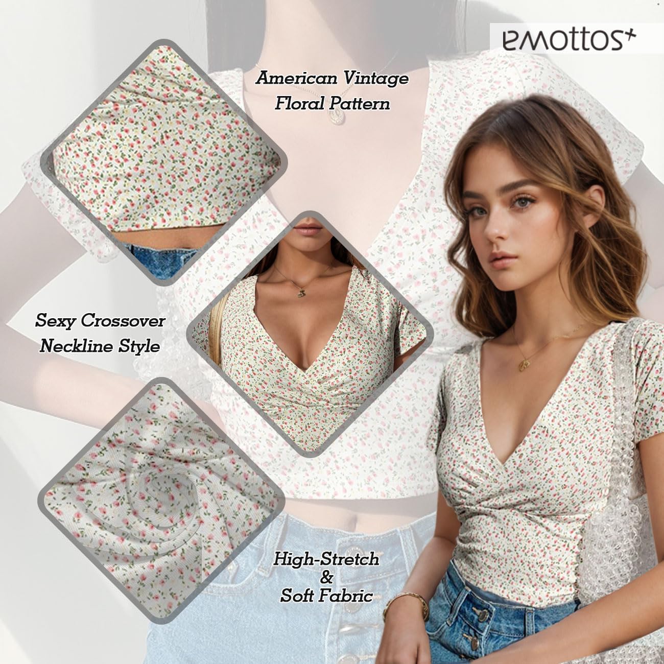 Women's Sexy Floral Tops, Y2K Slim Fit Deep V-Neck Cross Wrap Shirts, Sexy Low Cut Crop Top, Fashion Skinny Y2K Tee Shirt(Black/White,S/M/L) - Image 6