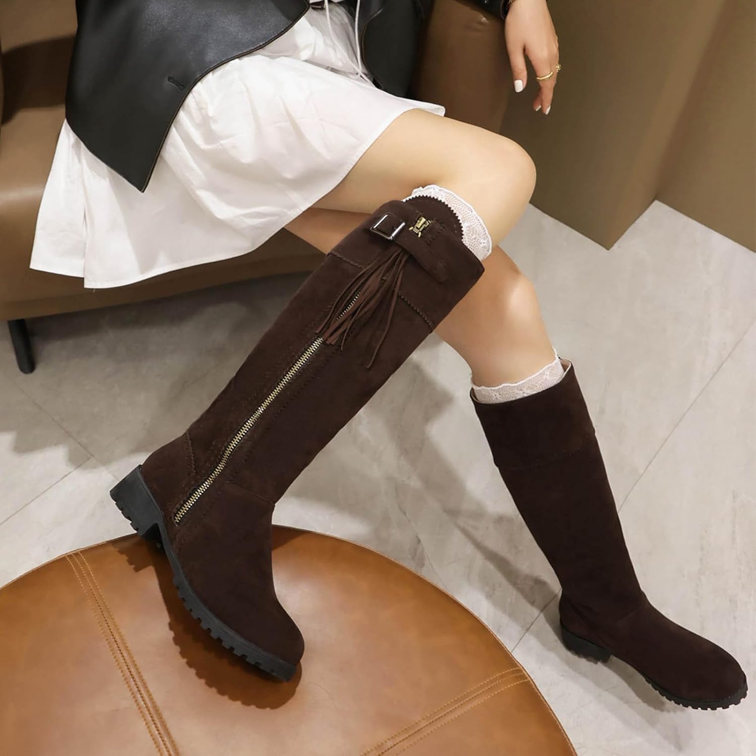 rismart Women Knee High Boots Round Toe Chunky Heel Side Zip Long Boots Fall Winter Shoes - Image 4