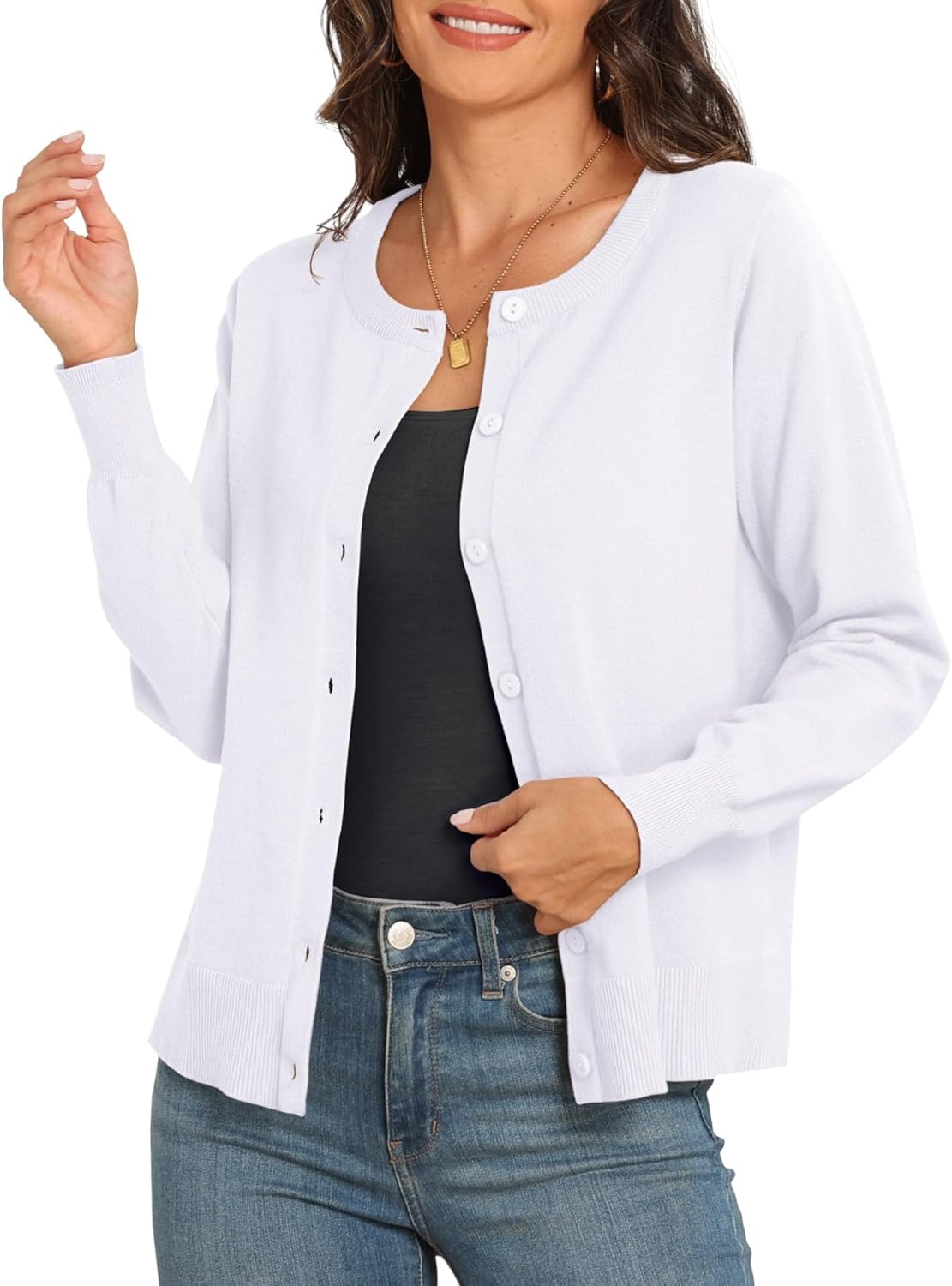 PrinStory Cardigans for Women Crewneck Knit Casual Cardigan Jumper Button Down Classic Knitwear Tops - Image 4