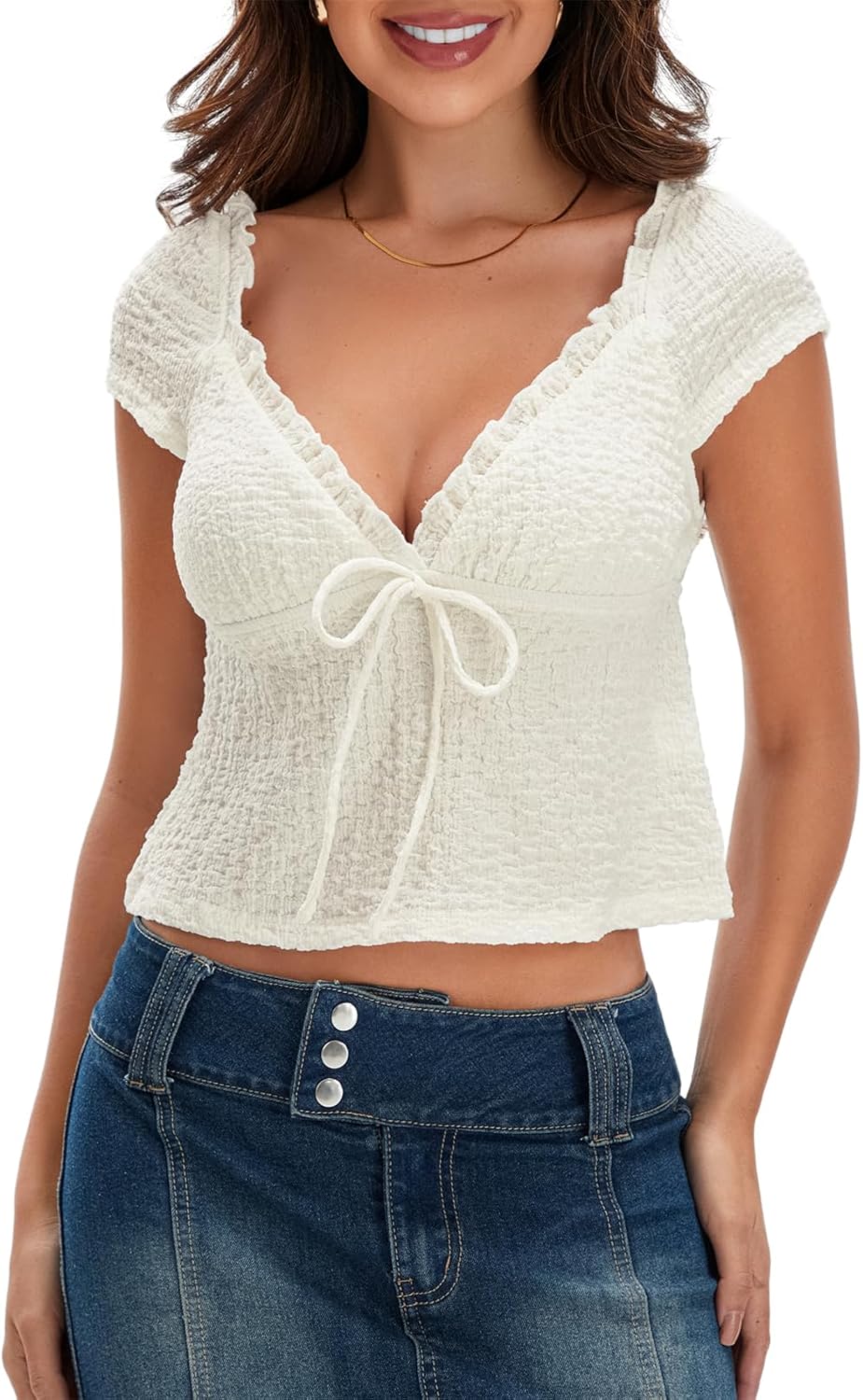 Beauace Crop Tops for Women Short Sleeve V Neck Tie-up Tops Summer Going Out Tops for Teen Girls - Image 3