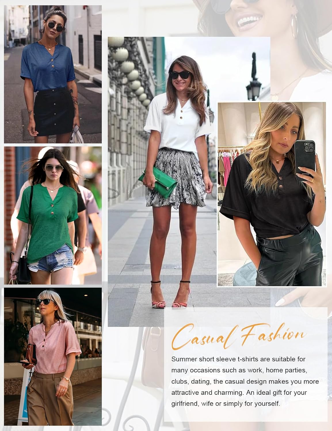 Women T-Shirts Short Sleeve V Neck Button Tops Ladies Summer Blouse Shirts Casual Loose Tee - Image 8