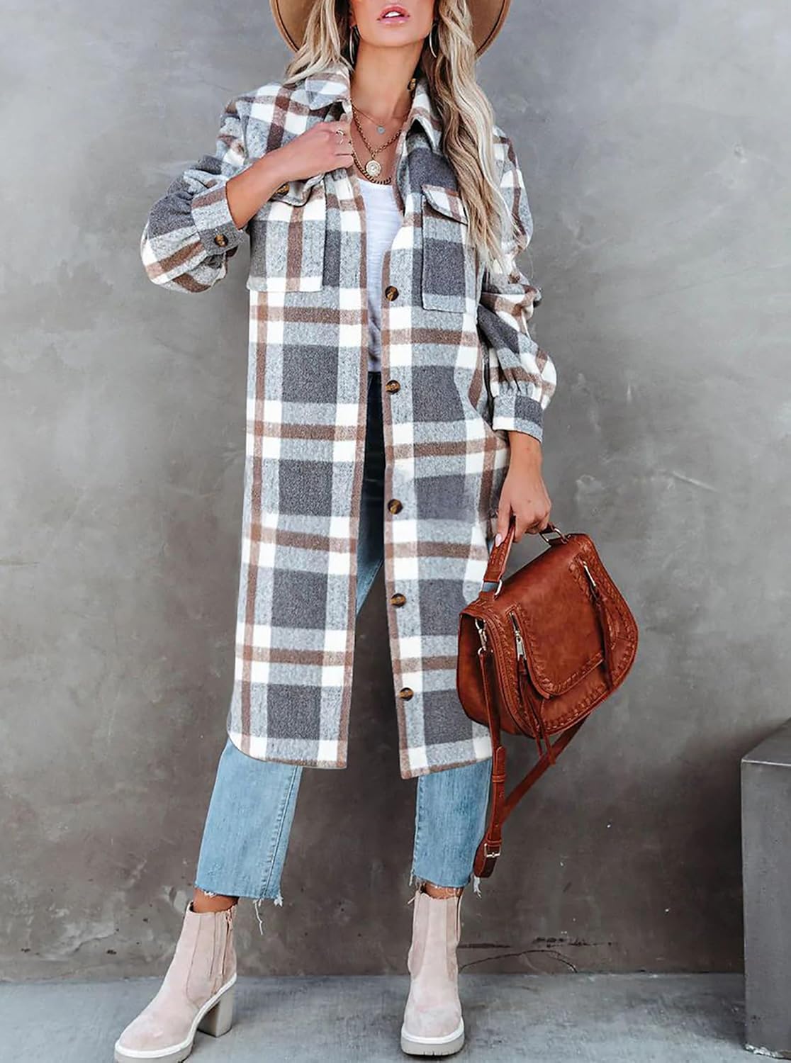 Jhsnjnr Women's Long Sleeve Flannel Checked Shirts Casual Button Down Long Plaid Jacket Shacket - Image 4