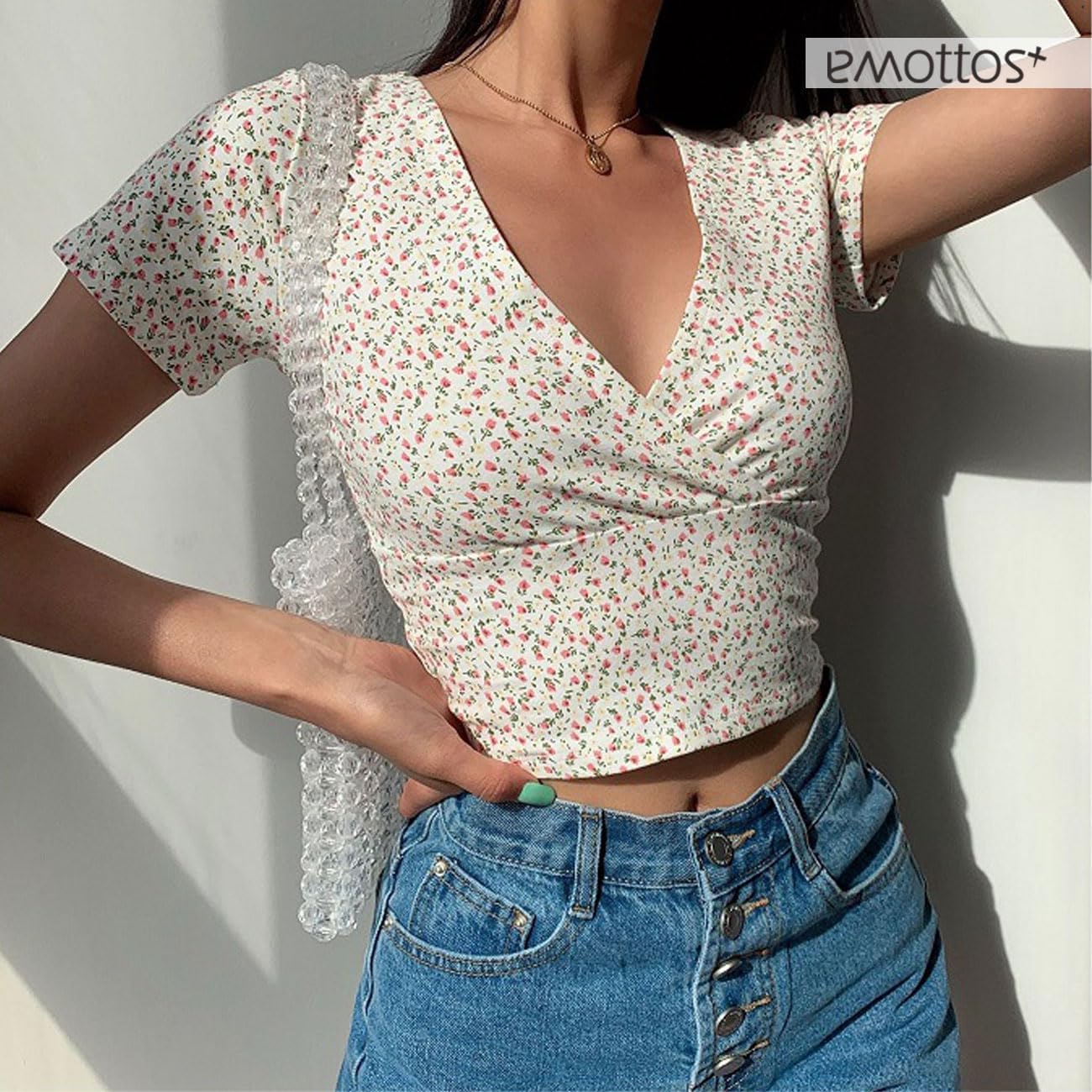 Women's Sexy Floral Tops, Y2K Slim Fit Deep V-Neck Cross Wrap Shirts, Sexy Low Cut Crop Top, Fashion Skinny Y2K Tee Shirt(Black/White,S/M/L) - Image 4