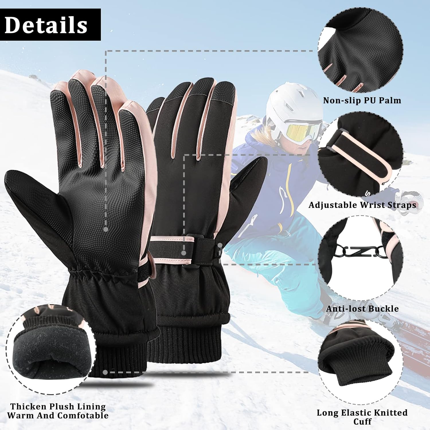 Andiker Ski Gloves Women Windproof Winter Warm Thermal Touchscreen Bike Cycling Gloves Snow Sports Snowboard Riding - Image 4